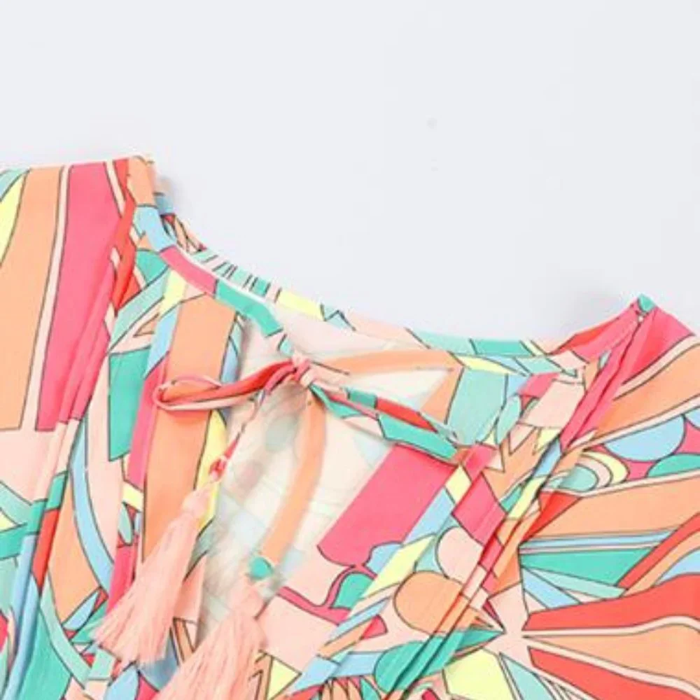 Multicolor Abstract Geometric Print Tassel Tie Flared Dress - Picture 3 of 6
